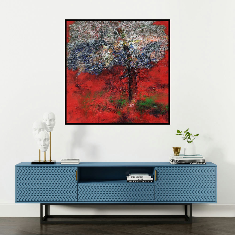 'Untitled' painting by Bhaskar Rao shown on a wall in a furnished room.