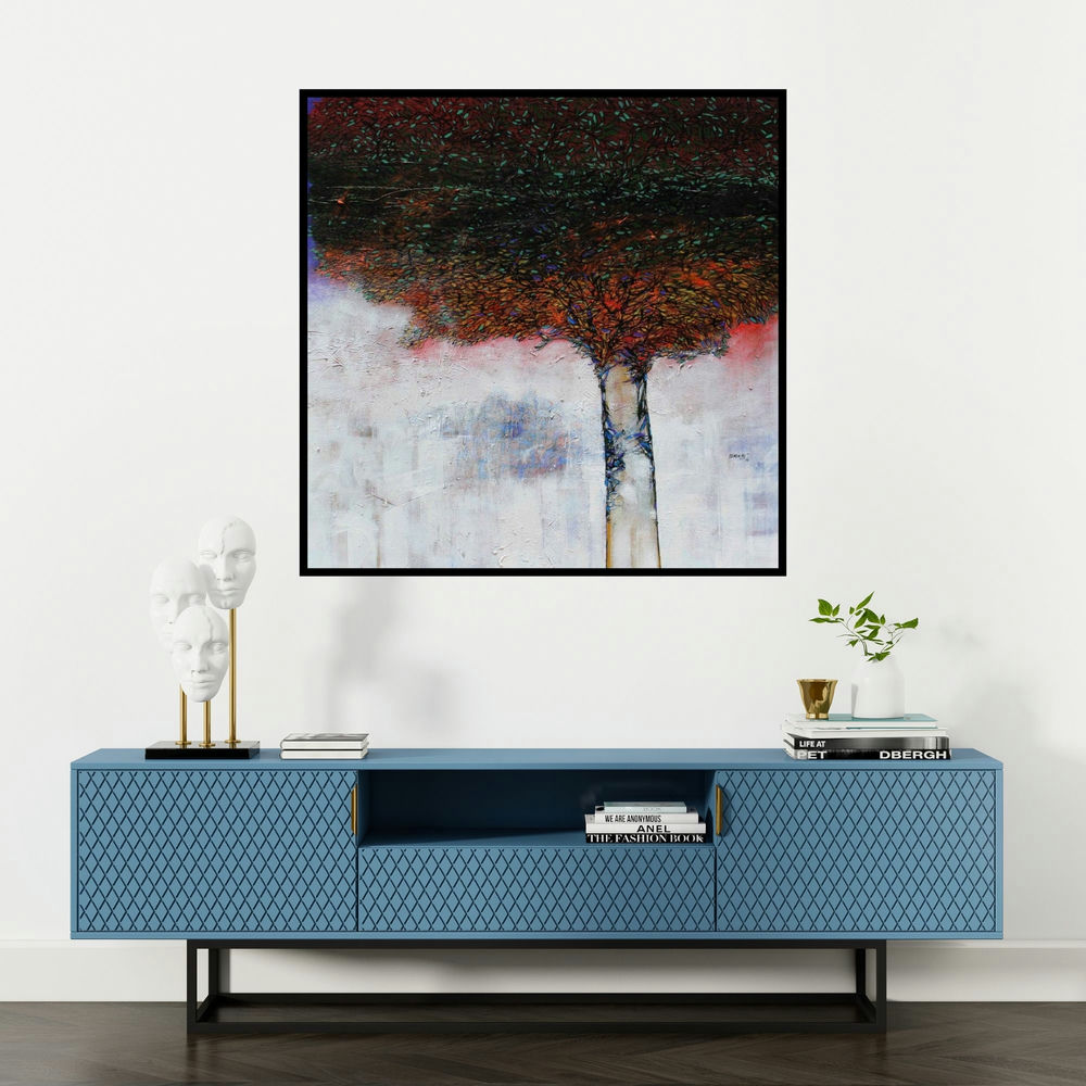 'Untitled' painting by Bhaskar Rao shown on a wall in a furnished room.