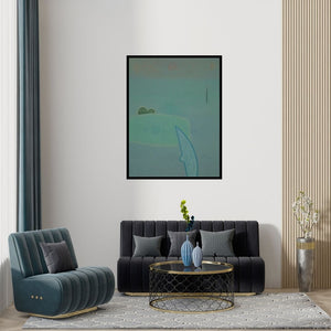 Preview of 'Untitled 9 (Serene Horizon: An Abstract Composition)' Painting by Bhushan Vaidhya shown on a wall in a furnished room.