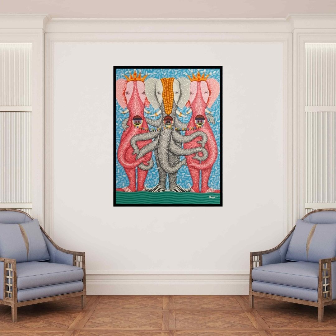 In-situ view of Arvind Dubey's 'Untitled 9 (Elephant Trio)' painting in a room