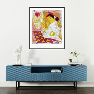 K G Subramanyan's 'Untitled 9 (Woman with Yellow Objects)' painting visualized above a sofa in a contemporary room.