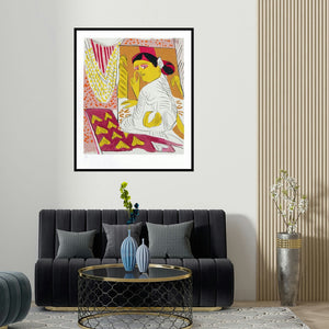 'Untitled 9 (Woman with Yellow Objects)' painting by K G Subramanyan shown on a wall in a furnished room.