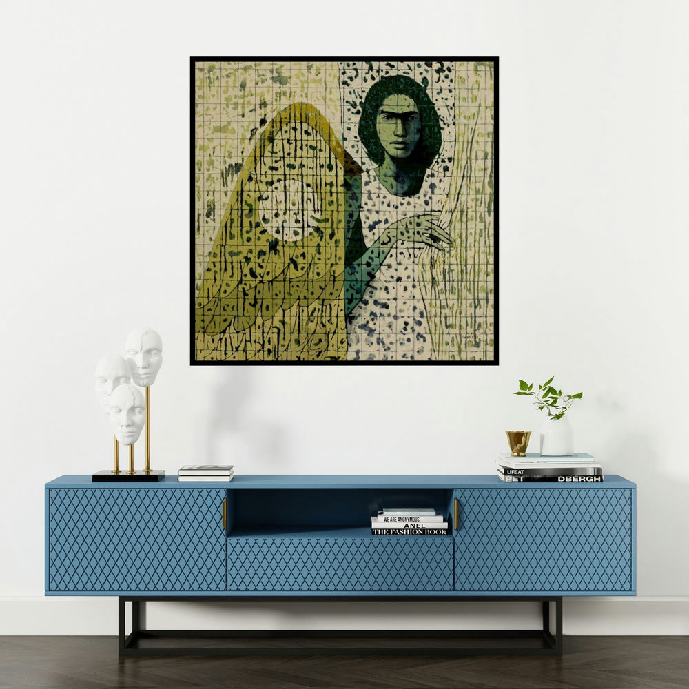 'Untitled 9 (The Dreamer)' painting by Swati Sable shown on a wall in a furnished room.