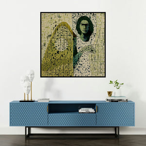 'Untitled 9 (The Dreamer)' painting by Swati Sable shown on a wall in a furnished room.