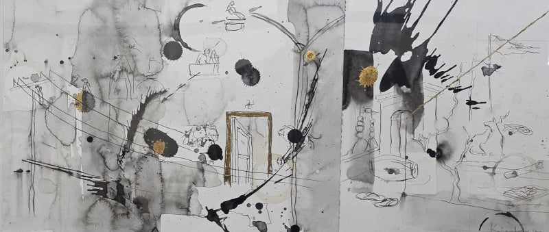 'Untitled 9' contemporary mixed-media painting by artist Kislay Vora, 11x26 inch, on paper