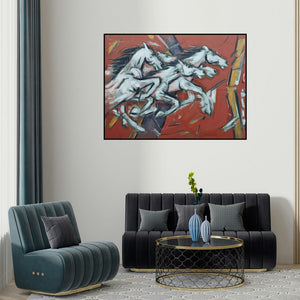 Santoshkumar Patil's 'Untitled 96 (The Stampede)' painting visualized above a sofa in a contemporary room.