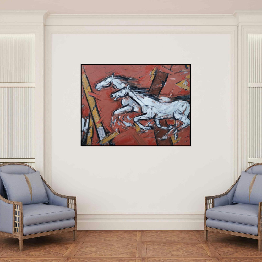 'Untitled 97 Available' painting by Santoshkumar Patil shown on a wall in a furnished room.