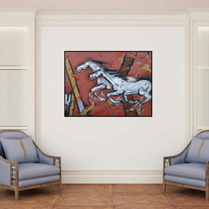 'Untitled 97 Available' painting by Santoshkumar Patil shown on a wall in a furnished room.