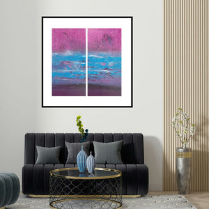 Dnyaneshwar Dhavale's 'Untitled Diptch (Chromatic Echoes)' painting visualized above a sofa in a contemporary room.