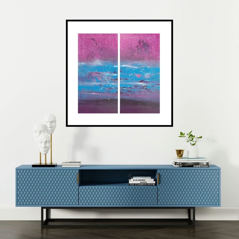 'Untitled Diptch (Chromatic Echoes)' painting by Dnyaneshwar Dhavale shown on a wall in a furnished room.