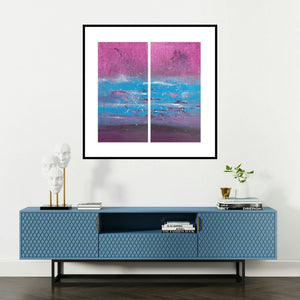 'Untitled Diptch (Chromatic Echoes)' painting by Dnyaneshwar Dhavale shown on a wall in a furnished room.