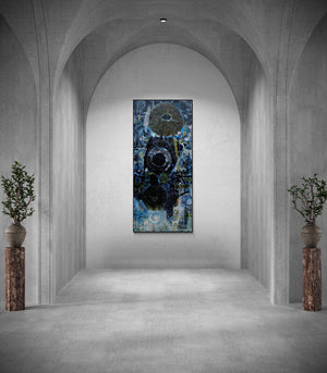 Preview of 'Untitled F (Cosmic Dance)' Painting by Pankaj Kumar Singh shown on a wall in a furnished room.