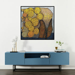 'Untitled Ii (The Seed of Creation)' painting by Pravin Randive shown on a wall in a furnished room.