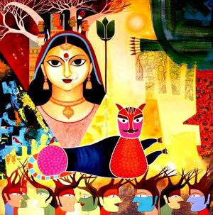 Untitled Iii (Festival of Lights) by Meenakshi Jha Banerjee, Original Acrylic Figurative Painting on Canvas, X-Large Square Wall Art