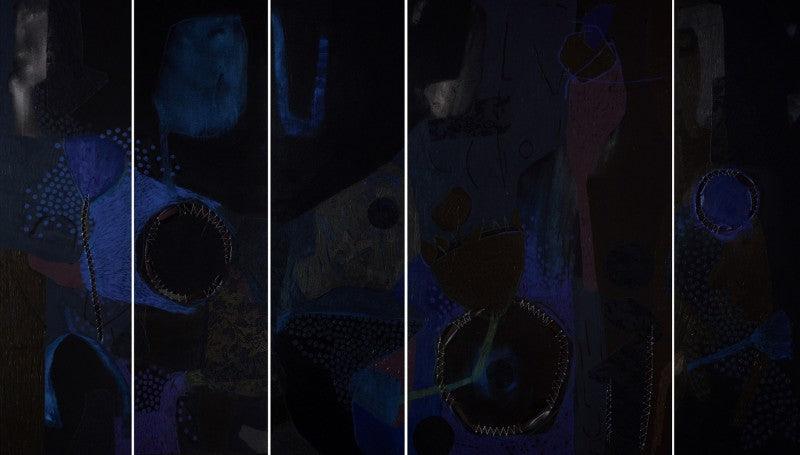 Abstract mixed media painting titled 'Untitled K', 59x106 inches, by artist Pankaj Kumar Singh on Canvas