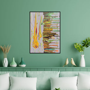 Preview of 'Untitled No 14 (Fluid Expressions)' Painting by Sumit Mehndiratta shown on a wall in a furnished room.