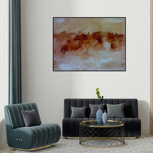 'Untitled V (Rural Tapestry: A Village in Hues)' painting by Narayan Shelke shown on a wall in a furnished room.