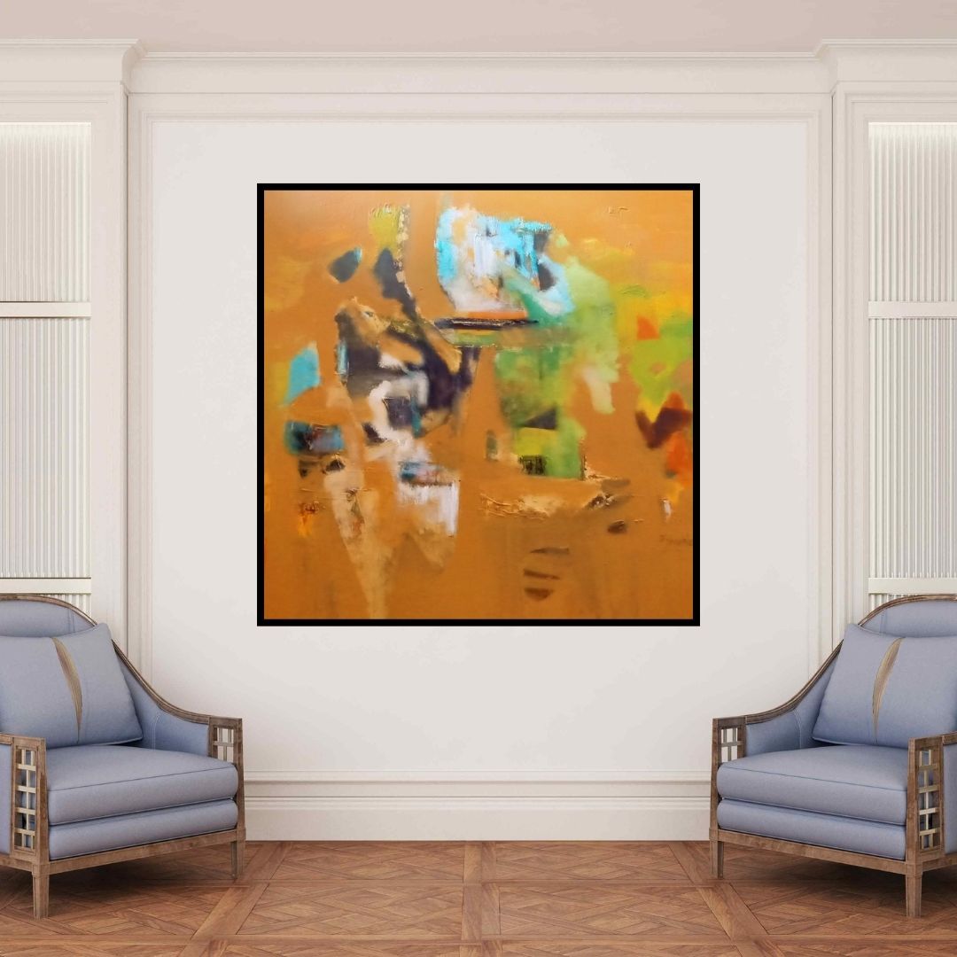 In-situ view of Dnyaneshwar Dhavale's 'Untitled Yo (Abstract in Brown and Blue)' painting in a room