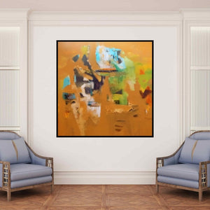 In-situ view of Dnyaneshwar Dhavale's 'Untitled Yo (Abstract in Brown and Blue)' painting in a room