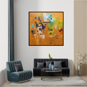 Preview of 'Untitled Yo (Abstract in Brown and Blue)' Painting by Dnyaneshwar Dhavale shown on a wall in a furnished room.