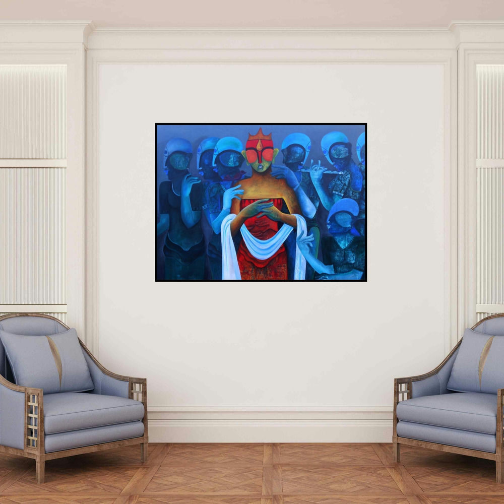 'Untitled10' painting by Anupam Pal shown on a wall in a furnished room.
