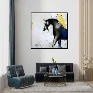 Preview of 'Untittled 2 (Equine Energy)' Painting by Mithun Dutta shown on a wall in a furnished room.