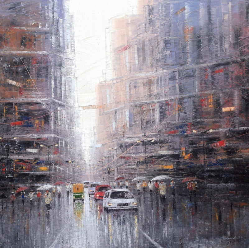 'Urban Echoes' cityscape oil painting by artist Purnendu Mandal, 36x36 inch, on canvas