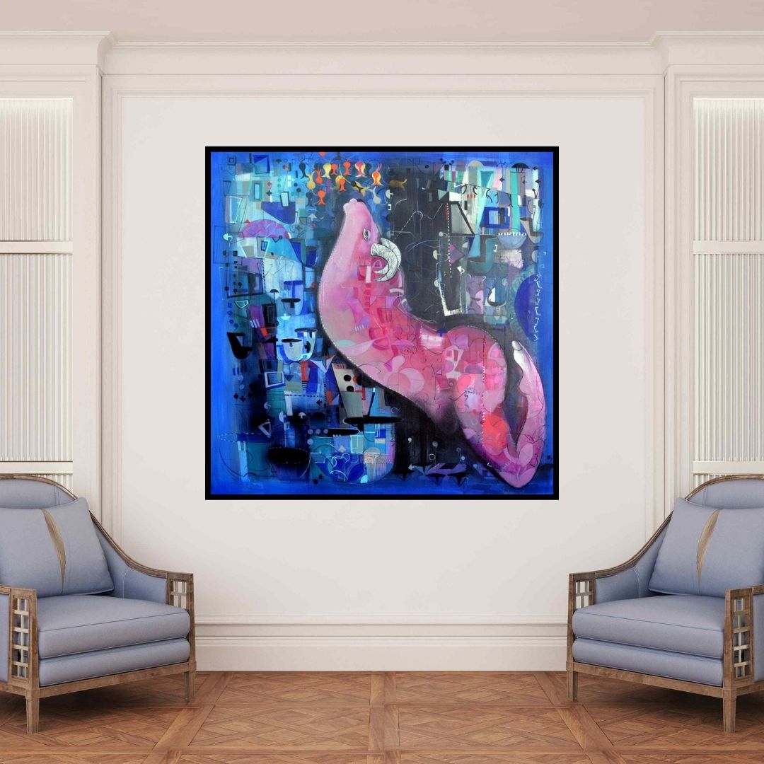 In-situ view of Madan Lal's 'Urban Emotion (Untitled)' painting in a room