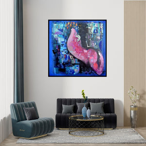 Preview of 'Urban Emotion (Untitled)' Painting by Madan Lal shown on a wall in a furnished room.