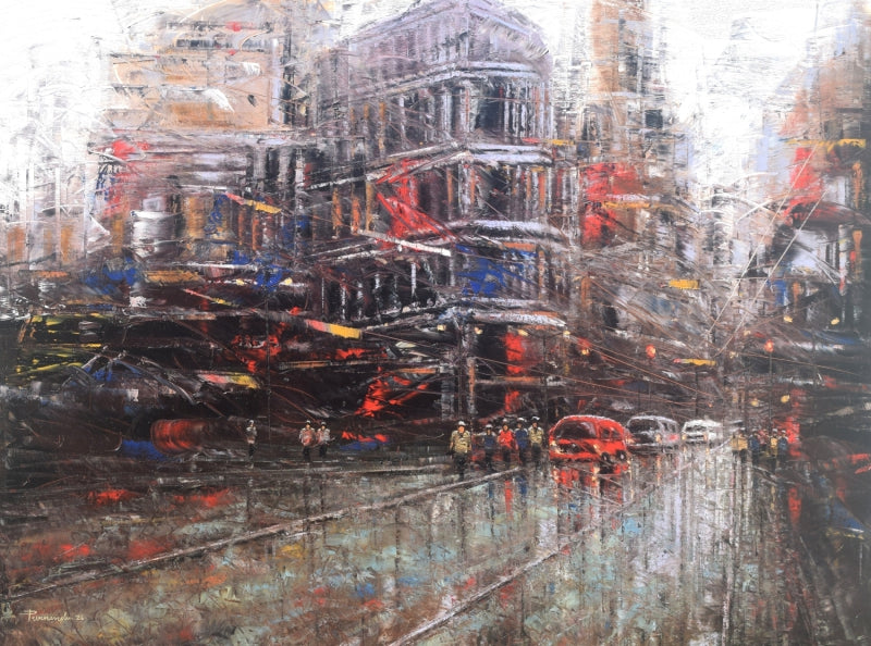 'Urban Emotions 1' cityscape oil painting by artist Purnendu Mandal, 36x48 inch, on canvas