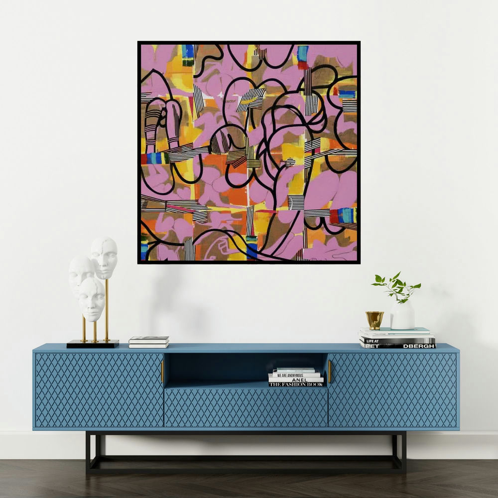 'Urban Glimpses' painting by Prabhinder Lall shown on a wall in a furnished room.