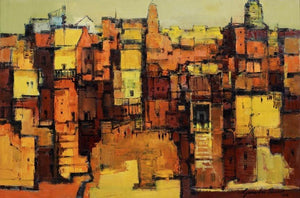 Cityscape oil painting titled 'Urban Impressions', 24x36 inches, by artist Gurudas Shenoy on Canvas