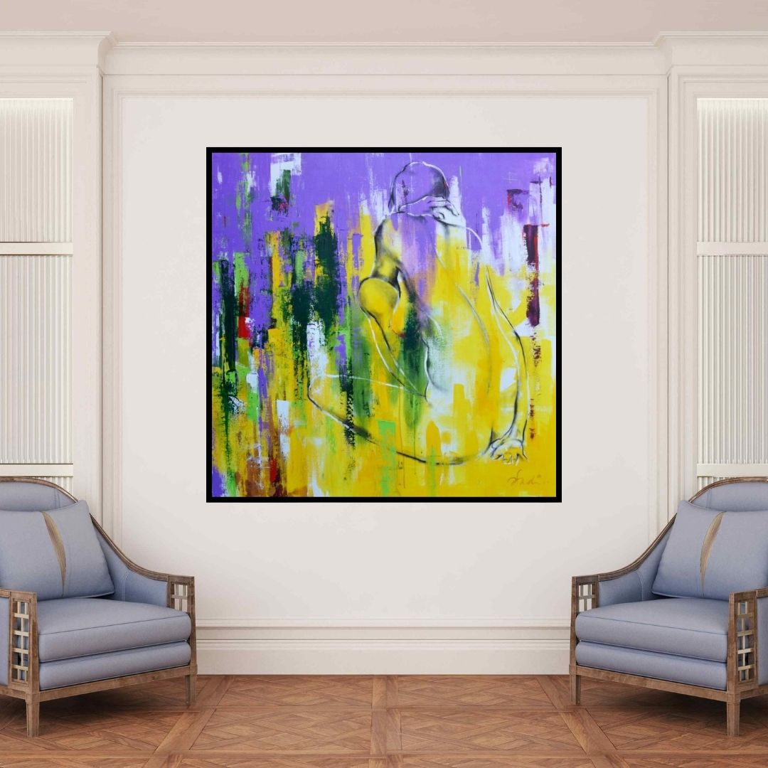 In-situ view of Tejinder Ladi Singh's 'Urban Jungle 14 (Inner Sanctuary)' painting in a room