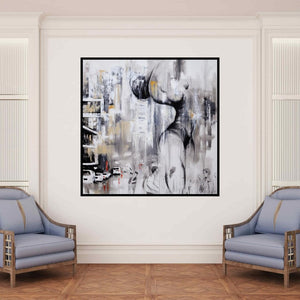 In-situ view of Tejinder Ladi Singh's 'Urban Jungle 15 (City in Shadow)' painting in a room