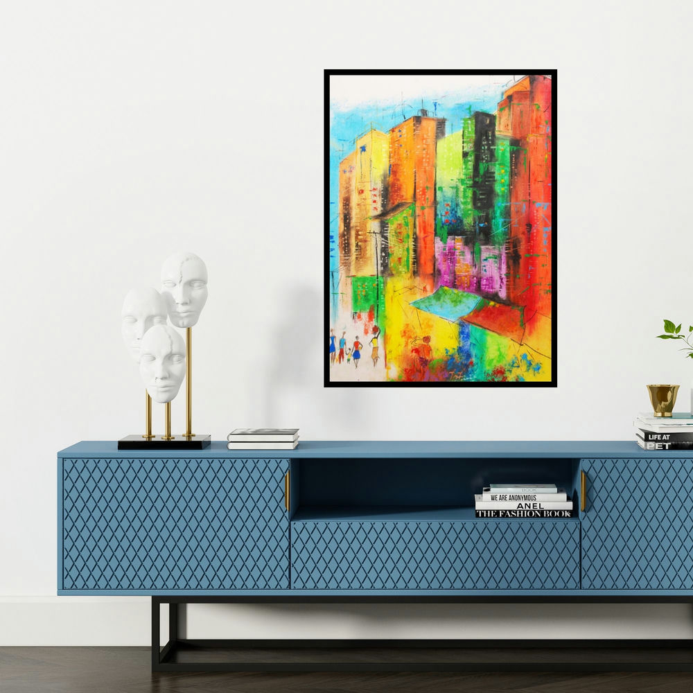 'Urban Jungle 5 (Urban Rhythms)' painting by Tejinder Ladi Singh shown on a wall in a furnished room.