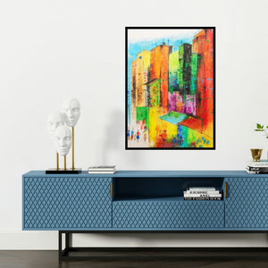 'Urban Jungle 5 (Urban Rhythms)' painting by Tejinder Ladi Singh shown on a wall in a furnished room.