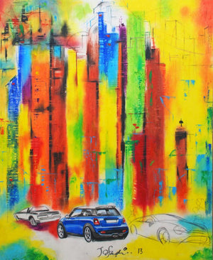 Urban Jungle 6 (Metropolis in Motion) by Tejinder Ladi Singh, Original Mixed Media Cityscape Painting on Paper, Medium Vertical Wall Art