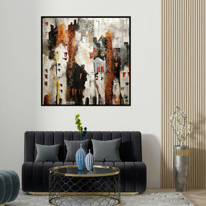 Ankita Dey Bhoumik's 'Urban Jungle (Cityscape in Distress)' painting visualized above a sofa in a contemporary room.