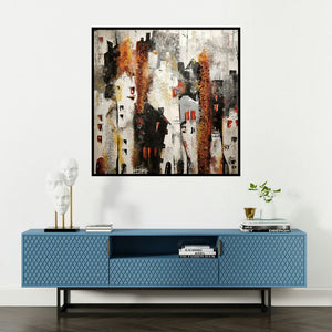 'Urban Jungle (Cityscape in Distress)' painting by Ankita Dey Bhoumik shown on a wall in a furnished room.