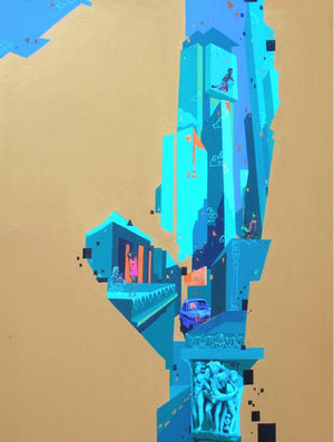 Urban Landscape 4 by Abhijit Paul, Original Mixed Media Fantasy Painting on Canvas, Large Vertical Wall Art
