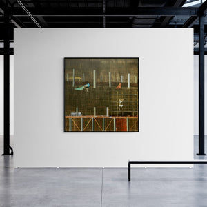 Ashish Kushwaha's painting 'Urban Metaphor 1 (Urban Sanctuary)' displayed in a modern living room setting