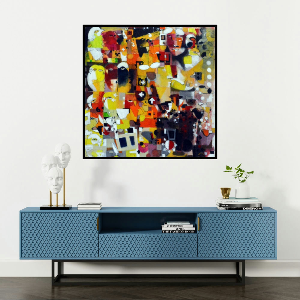 'Urban Noise Ii (Untitled)' painting by Madan Lal shown on a wall in a furnished room.