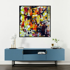 'Urban Noise Ii (Untitled)' painting by Madan Lal shown on a wall in a furnished room.