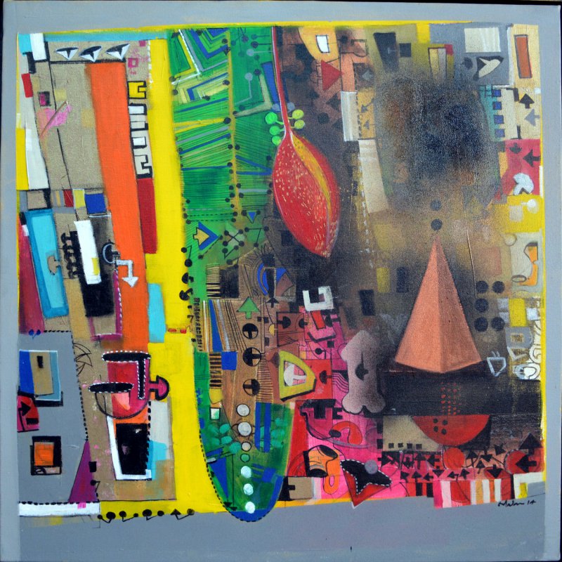 In-situ view of Madan Lal's 'Urban Phulkari 8 (Untitled)' painting in a room