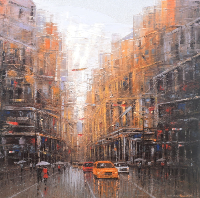 'Urban Pulse' cityscape oil painting by artist Purnendu Mandal, 48x48 inch, on canvas