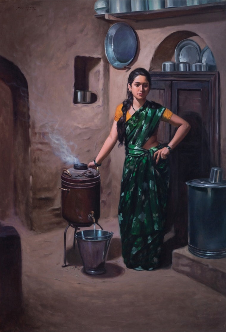 Usha' figurative oil painting by artist Mahesh Soundatte, 48x33 inch, on linen