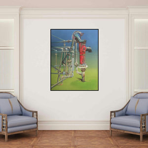 'Utility (The Wellspring)' painting by Subhendu Mishra shown on a wall in a furnished room.
