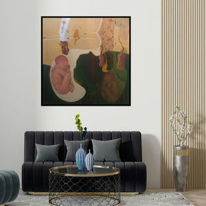 Kamlesh Patidar's 'Utkarsh' painting visualized above a sofa in a contemporary room.