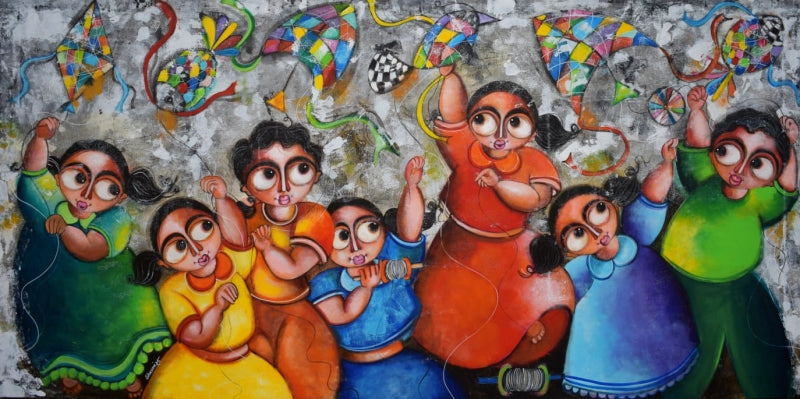 Uttarayana Freedom To Fly' figurative acrylic painting by artist Sharmi Dey, 30x60 inch, on canvas