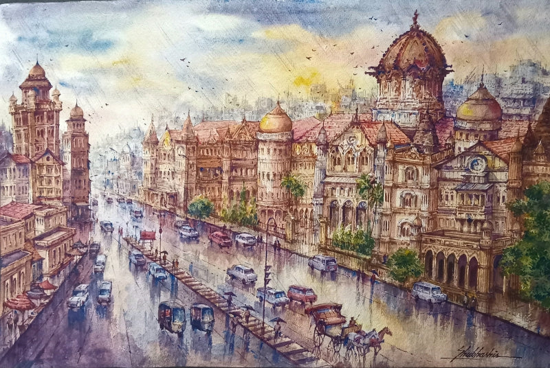 Cityscape watercolor painting titled 'V T Station In Mumbai', 15x22 inch, by artist Shubhashis Mandal on Handmade Paper